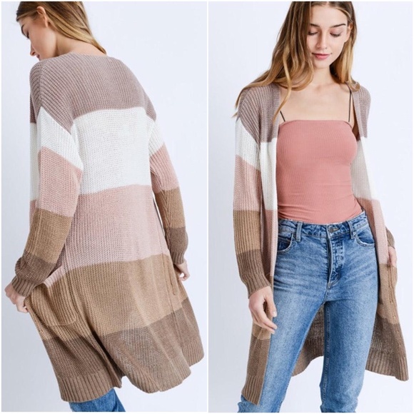 060 Cozy Color Block Open Front Pockets Cardigan - Picture 2 of 2